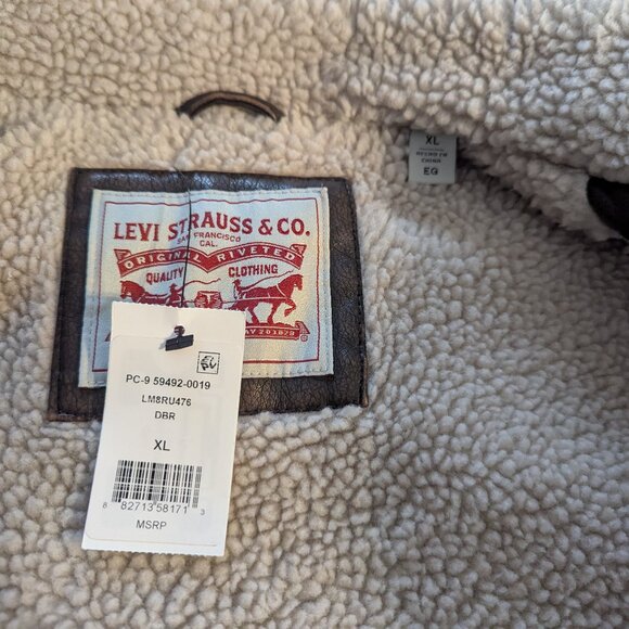 Men's NWT Levi's sherpa lined faux leather aviator bomber jacket, brown, size XL - Picture 5 of 6